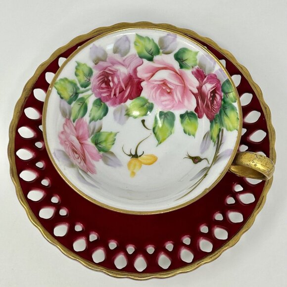 Vintage SAJI Double Reticulated Footed Tea Cup & Saucer with Gold Trim Japan - Picture 4 of 7